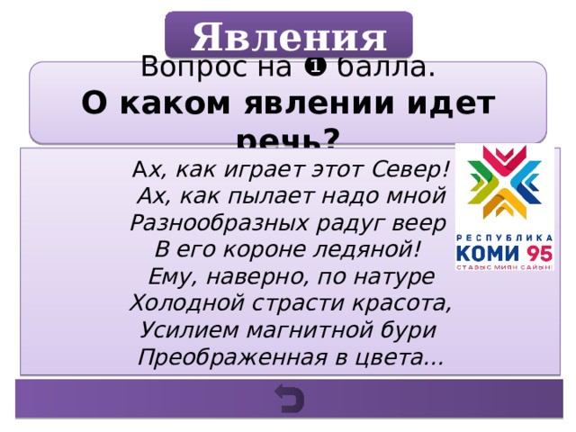 Явления Вопрос на ❶ балла. О каком явлении идет речь? А х, как играет этот Север! Ах, как пылает надо мной Разнообразных радуг веер В его короне ледяной! Ему, наверно, по натуре Холодной страсти красота, Усилием магнитной бури Преображенная в цвета... 