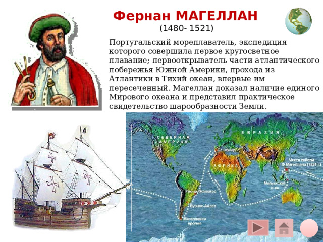 Фернан МАГЕЛЛАН  (1480- 1521) Португальский мореплаватель, экспедиция которого совершила первое кругосветное плавание; первооткрыватель части атлантического побережья Южной Америки, прохода из Атлантики в Тихий океан, впервые им пересеченный. Магеллан доказал наличие единого Мирового океана и представил практическое свидетельство шарообразности Земли. Щелчок курсора на глобус вверху – переход на общую карту, на кружок внизу – на слайд плана, на «домик» - на слайд со всеми путешественниками 12 