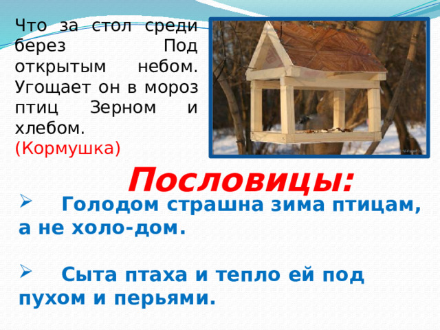 Загадки: Красногрудый, чернокрылый  Любит зернышки клевать.  С первым снегом на рябине  он появится опять. (Снегирь) Верещунья, белобока,  А зовут ее … (Сорока) 