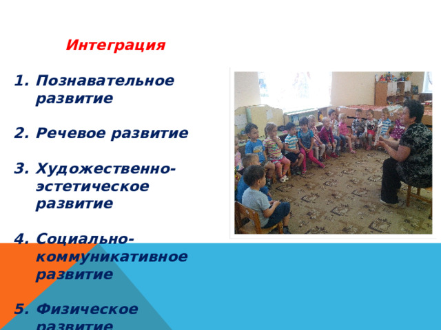 Интеграция  Познавательное развитие  Речевое развитие  Художественно-эстетическое развитие  Социально-коммуникативное развитие  Физическое развитие  