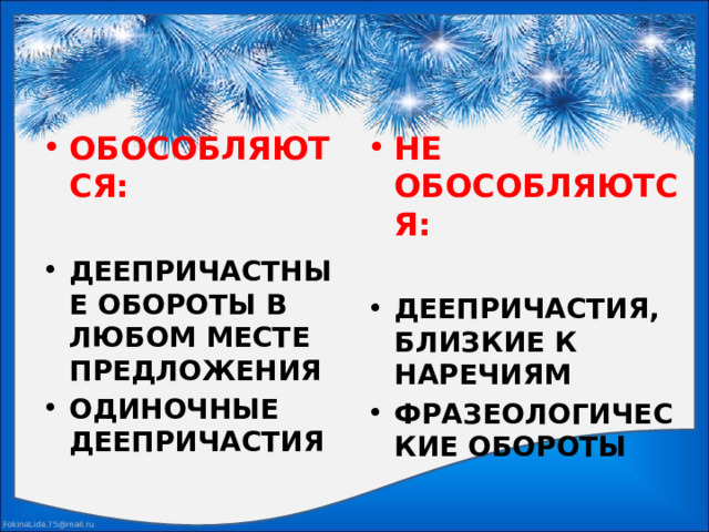 ОБОСОБЛЯЮТСЯ: НЕ ОБОСОБЛЯЮТСЯ:   ДЕЕПРИЧАСТНЫЕ ОБОРОТЫ В ЛЮБОМ МЕСТЕ ПРЕДЛОЖЕНИЯ ОДИНОЧНЫЕ ДЕЕПРИЧАСТИЯ ДЕЕПРИЧАСТИЯ, БЛИЗКИЕ К НАРЕЧИЯМ ФРАЗЕОЛОГИЧЕСКИЕ ОБОРОТЫ 