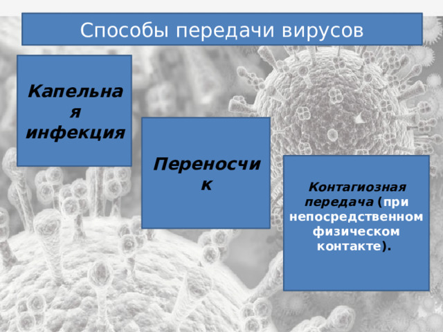 Способы передачи вирусов Капельная инфекция  Переносчик Контагиозная передача ( при непосредственном физическом контакте ). 
