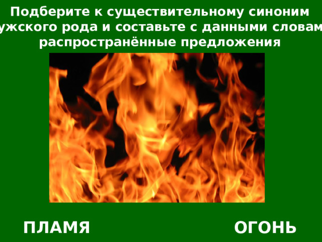 Подберите к существительному синоним мужского рода и составьте с данными словами распространённые предложения ПЛАМЯ ОГОНЬ 