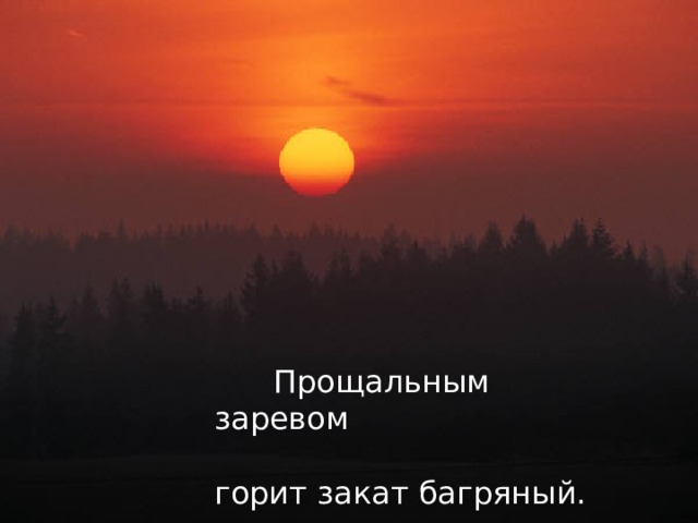  Прощальным заревом горит закат багряный. 