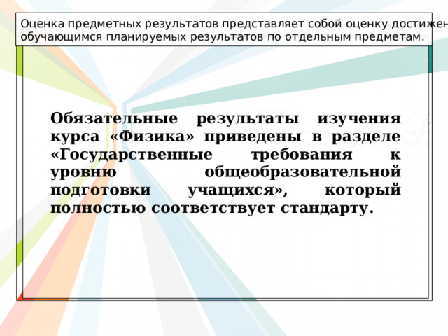 Оценка предметных результатов представляет собой оценку достижения обучающимся планируемых результатов по отдельным предметам. Обязательные результаты изучения курса «Физика» приведены в разделе «Государственные требования к уровню общеобразовательной подготовки учащихся», который полностью соответствует стандарту.  