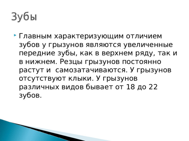 Главным характеризующим отличием зубов у грызунов являются увеличенные передние зубы, как в верхнем ряду, так и в нижнем. Резцы грызунов постоянно растут и самозатачиваются. У грызунов отсутствуют клыки. У грызунов различных видов бывает от 18 до 22 зубов.  