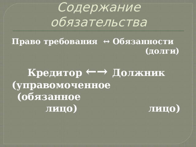 Содержание обязательства Право требования ↔ Обязанности  (долги)  Кредитор ←→ Должник (управомоченное (обязанное  лицо) лицо)    