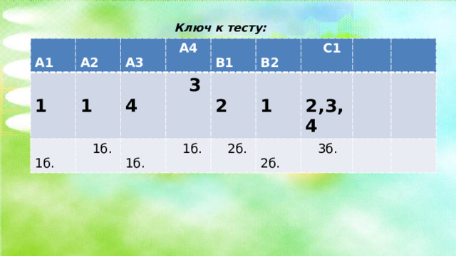 Ключ к тесту:  А1  А2  1  А3  1б.  1  А4  4  1б.  В1  3  1б.  В2  1б.  2  С1  2б.  1   2,3,4  2б.  3б.  