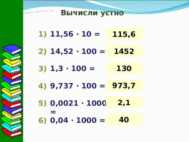 Вычисли устно 115,6 1) 11,56 · 10 = 1452 14,52 · 100 = 2) 130 1,3 · 100 = 3) 973,7 9,737 · 100 = 4) 2,1 0,0021 · 1000 = 5) 40 0,04 · 1000 = 6) 