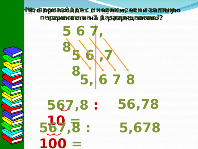 Что произойдет с числом, если запятую перенести на 2 разряда влево? Что произойдет с числом, если запятую перенести на 1 разряд влево? 5 6 7, 8 5 6 ,7 8 5 , 6 7 8 56 , 78 567 , 8  : 10 = 567 , 8  : 100 = 5 , 678 