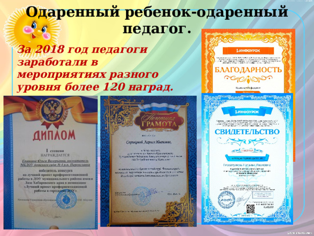 Одаренный ребенок-одаренный педагог. За 2018 год педагоги заработали в мероприятиях разного уровня более 120 наград. 