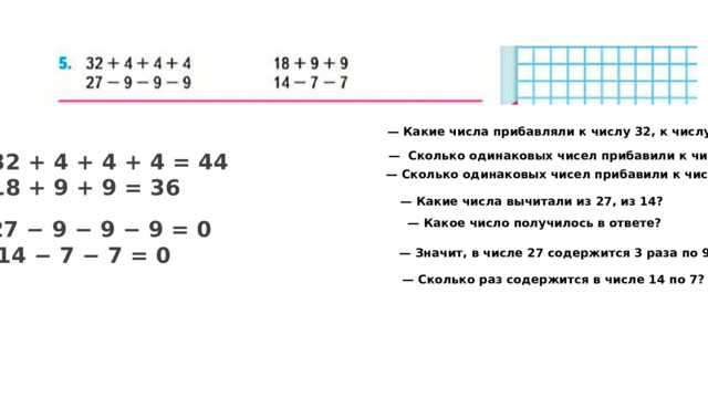 — Какие числа прибавляли к числу 32, к числу 18? — Сколько одинаковых чисел прибавили к числу 32? 32 + 4 + 4 + 4 = 44      18 + 9 + 9 = 36  — Сколько одинаковых чисел прибавили к числу 18? — Какие числа вычитали из 27, из 14? — Какое число получилось в ответе? 27 − 9 − 9 − 9 = 0         14 − 7 − 7 = 0 — Значит, в числе 27 содержится 3 раза по 9 — Сколько раз содержится в числе 14 по 7? 