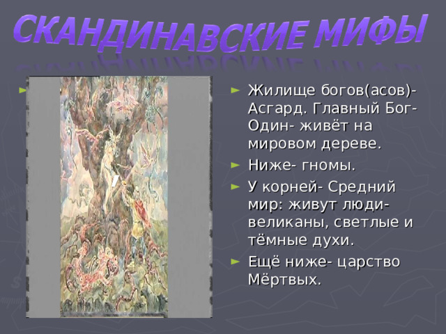 , Жилище богов(асов)-Асгард. Главный Бог-Один- живёт на мировом дереве. Ниже- гномы. У корней- Средний мир: живут люди- великаны, светлые и тёмные духи. Ещё ниже- царство Мёртвых. 