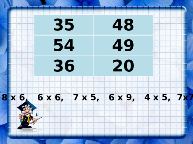 35 48 54 49 36 20 8 х 6, 6 х 6, 7 х 5, 6 х 9, 4 х 5, 7x7 