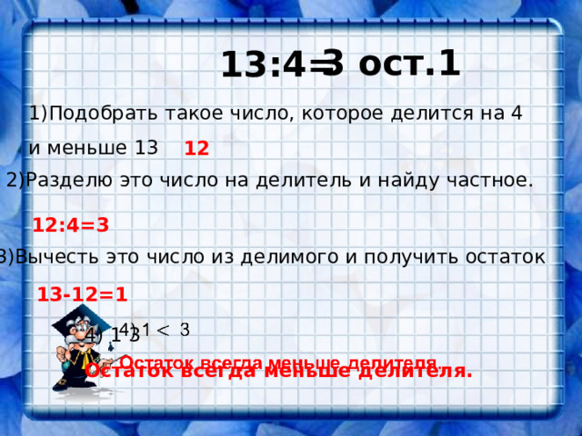 13:4= 3 ост.1 1)Подобрать такое число, которое делится на 4 и меньше 13 12 2)Разделю это число на делитель и найду частное. 12:4=3 3)Вычесть это число из делимого и получить остаток 13-12=1 4) 1 3   Остаток всегда меньше делителя.  