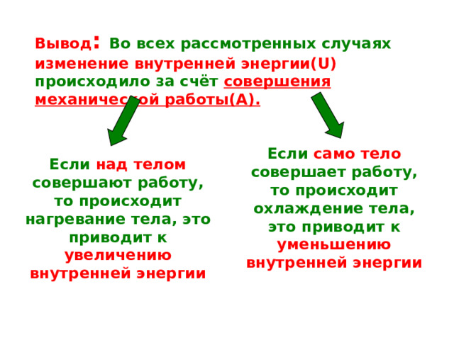 Вывод : Во всех рассмотренных случаях изменение внутренней энергии( U)  происходило за  счёт совершения механической работы (A). Если  само тело  совершает работу, то происходит охлаждение тела, это приводит к  уменьшению внутренней энергии  Если  над телом  совершают работу, то происходит нагревание тела, это приводит к  увеличению внутренней энергии 
