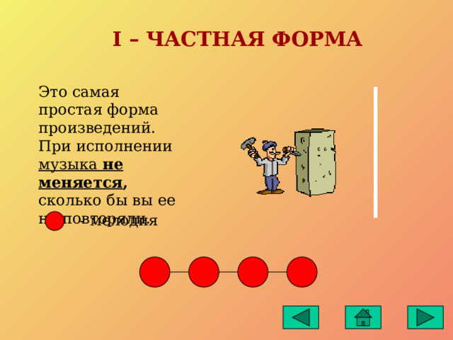 I – ЧАСТНАЯ ФОРМА Это самая простая форма произведений. При исполнении музыка не меняется , сколько бы вы ее не повторяли. - мелодия 