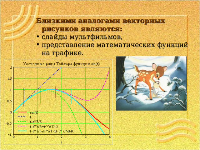 Близкими аналогами векторных рисунков являются:  слайды мультфильмов, представление математических функций на графике. 