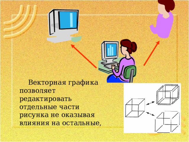 Векторная графика позволяет редактировать отдельные части рисунка не оказывая влияния на остальные, 