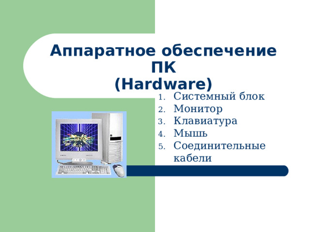 Аппаратное обеспечение ПК  (Hardware) Системный блок Монитор Клавиатура Мышь Соединительные кабели 