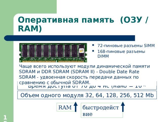 Оперативная память ( ОЗУ / RAM) 72-пиновые разъемы SIMM  168 -пиновые разъем ы  DIMM Чаще всего используют модули динамической памяти  SDRAM и DDR SDRAM (SDRAM II) - Double Date Rate SDRAM - удвоенн ая скорость передачи данных по сравнению с обычной SDRAM . Время доступа от 70 до 4 нс (нано = 10 -9) Объем одного модуля 32, 64, 128, 256, 512 Mb RAM быстродействие   