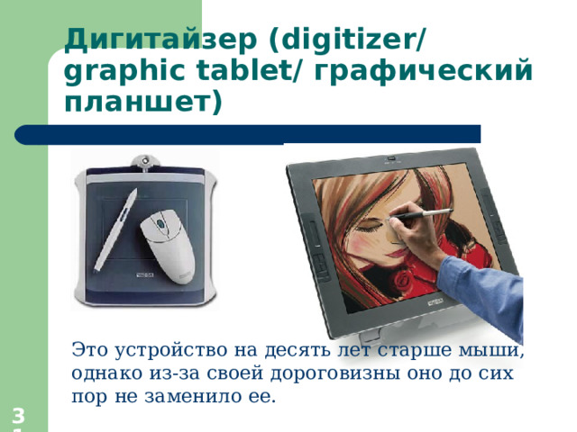 Дигитайзер ( digitizer/ graphic tablet/ графический планшет) Это устройство на десять лет старше мыши, однако из-за своей дороговизны оно до сих пор не заменило ее.  