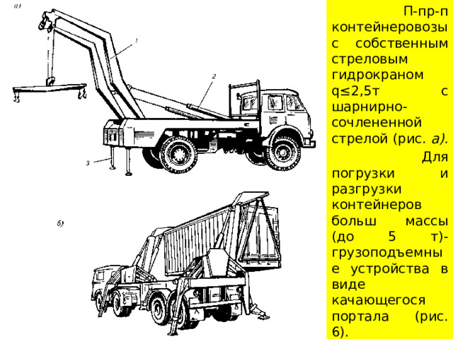  П-пр-п контейнеровозы с собственным стреловым гидрокраном q≤2,5т с шарнирно- сочлененной стрелой (рис. a).  Для погрузки и разгрузки контейнеров больш массы (до 5 т)- грузоподъемные устройства в виде качающегося портала (рис. 6). 