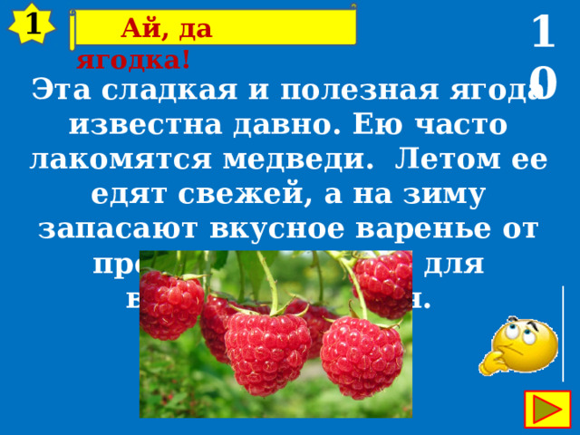 10 1  Ай, да ягодка! Эта сладкая и полезная ягода известна давно. Ею часто лакомятся медведи. Летом ее едят свежей, а на зиму запасают вкусное варенье от простуды и просто для вкуснейшего чая.     