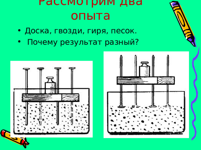 Рассмотрим два опыта Доска, гвозди, гиря, песок.  Почему результат разный? 
