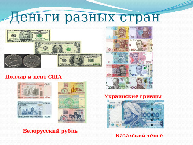Деньги разных стран Доллар и цент США Украинские гривны Белорусский рубль Казахский тенге 