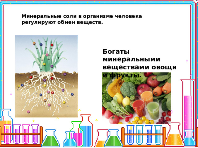 Минеральные соли в организме человека регулируют обмен веществ. Богаты минеральными веществами овощи и фрукты. 
