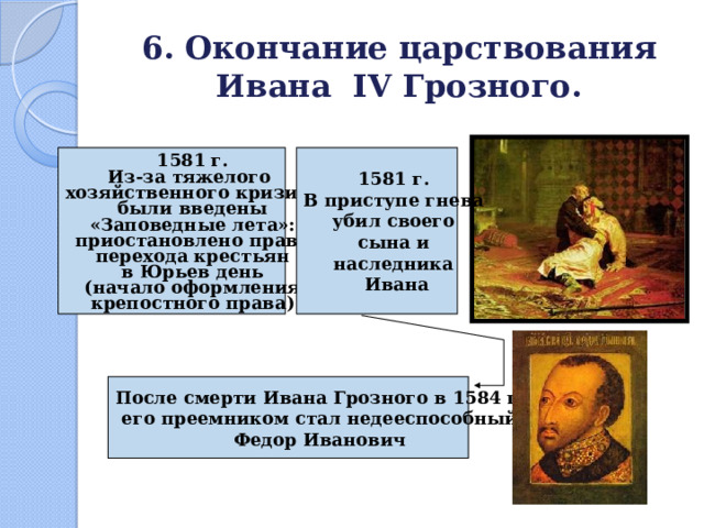 6. Окончание царствования Ивана IV Грозного. 1581 г. 1581 г. В приступе гнева Из-за тяжелого убил своего хозяйственного кризиса были введены сына и «Заповедные лета»: наследника приостановлено право  Ивана перехода крестьян в Юрьев день (начало оформления крепостного права) После смерти Ивана Грозного в 1584 г. его преемником стал недееспособный Федор Иванович 