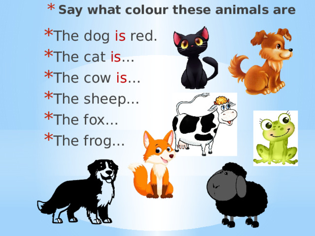 Say what colour these animals are The dog is red. The cat is … The cow is … The sheep… The fox… The frog… 
