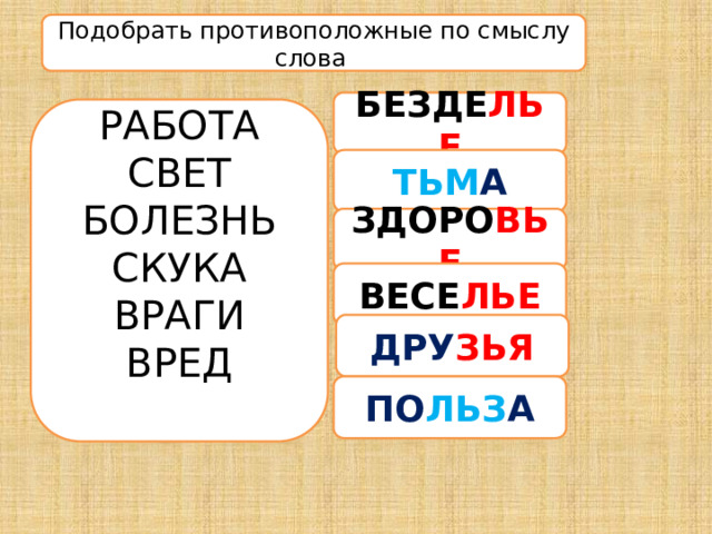 Подобрать противоположные по смыслу слова БЕЗДЕ ЛЬЕ РАБОТА СВЕТ БОЛЕЗНЬ СКУКА ВРАГИ ВРЕД ТЬМ А ЗДОРО ВЬЕ ВЕСЕ ЛЬЕ ДРУ ЗЬЯ ПО ЛЬЗ А 
