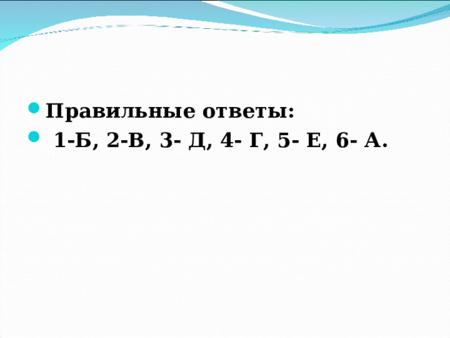 Правильные ответы:  1-Б, 2-В, 3- Д, 4- Г, 5- Е, 6- А.  