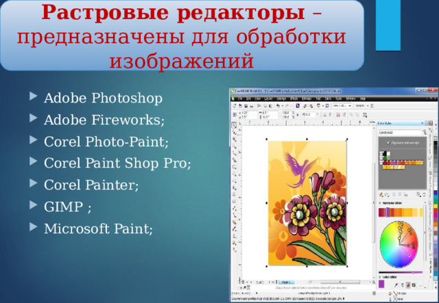Растровые редакторы – предназначены для обработки изображений Adobe Photoshop Adobe Fireworks; Corel Photo-Paint; Corel Paint Shop Pro; Corel Painter; GIMP ; Microsoft Paint; 