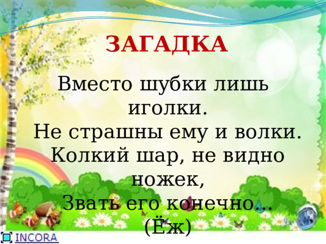 ЗАГАДКА Вместо шубки лишь иголки.  Не страшны ему и волки.  Колкий шар, не видно ножек,  Звать его конечно...  (Ёж) 