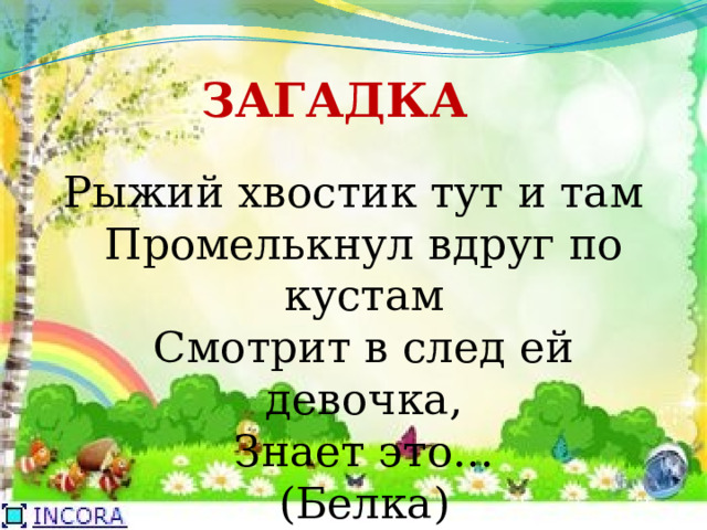 ЗАГАДКА Рыжий хвостик тут и там  Промелькнул вдруг по кустам  Смотрит в след ей девочка,  Знает это...  (Белка) 