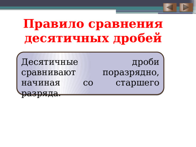 Правило сравнения десятичных дробей Десятичные дроби сравнивают поразрядно, начиная со старшего разряда. 