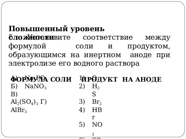 Повышенный  уровень сложности 5.  Установите  соответствие  между  формулой  соли и продуктом, образующимся на инертном  аноде  при  электролизе  его  водного  раствора ФОРМУЛА  СОЛИ  ПРОДУКТ  НА  АНОДЕ А)  Na 3 PO 4 O 2 H 2 S Br 2 HBr NO 2 SO 2 Б)  NaNO 3  В )  A l 2 ( S O 4 ) 3 Г)  AlBr 3 