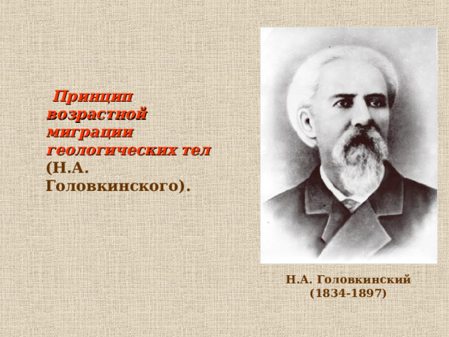  Принцип возрастной миграции геологических тел (Н.А. Головкинского).  Н.А. Головкинский  (1834-1897)  