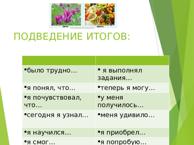 ПОДВЕДЕНИЕ ИТОГОВ:  было трудно…  я выполнял задания… я понял, что… теперь я могу… я почувствовал, что… у меня получилось… сегодня я узнал… меня удивило… я научился… я приобрел… я смог… я попробую… 