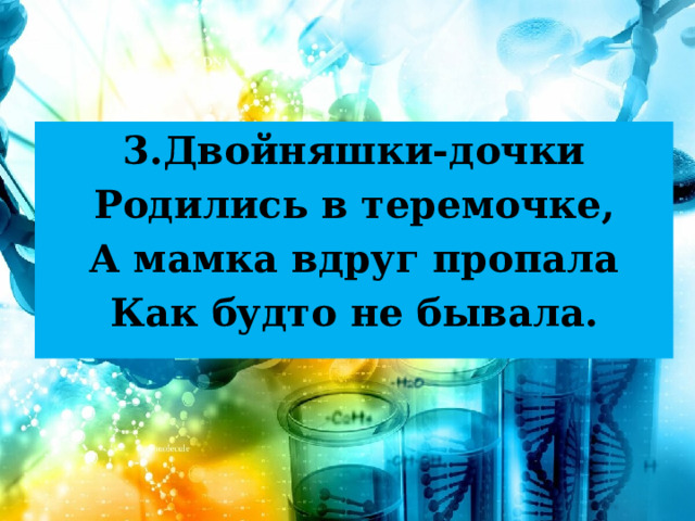 3.Двойняшки-дочки Родились в теремочке, А мамка вдруг пропала Как будто не бывала.  