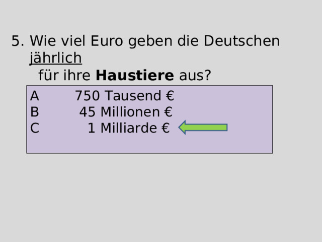 Wie viel Euro geben die Deutschen jährlich  für ihre Haustiere aus? A    750 Tausend € B  45 Millionen € C  1 Milliarde € 