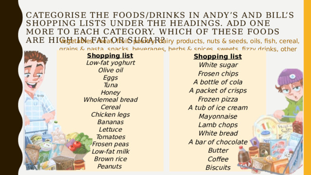 Categorise the foods/drinks in Andy’s and Bill’s shopping lists under the headings. Add one more to each category. Which of these foods are high in fat or sugar? Vegetables, meat, fruit, poultry, dairy products, nuts & seeds, oils, fish, cereal, grains & pasta, snacks, beverages, herbs & spices, sweets, fizzy drinks, other Shopping list Shopping list White sugar Low-fat yoghurt Olive oil Frosen chips A bottle of cola Eggs A packet of crisps Tuna Frozen pizza Honey A tub of ice cream Wholemeal bread Cereal Mayonnaise Chicken legs Lamb chops Bananas White bread Lettuce A bar of chocolate Butter Tomatoes Coffee Frosen peas Low-fat milk Biscuits  Brown rice  Peanuts   
