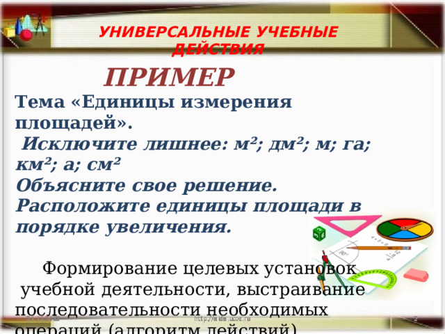 УНИВЕРСАЛЬНЫЕ УЧЕБНЫЕ ДЕЙСТВИЯ  ПРИМЕР Тема «Единицы измерения площадей».  Исключите лишнее: м²; дм²; м; га; км²; а; см² Объясните свое решение. Расположите единицы площади в порядке увеличения.   Формирование целевых установок  учебной деятельности, выстраивание последовательности необходимых операций (алгоритм действий). 