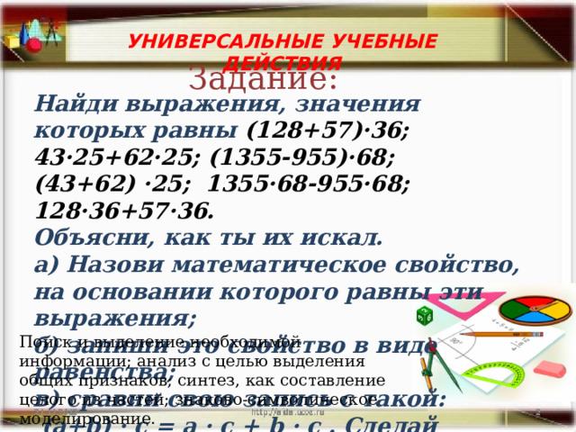 УНИВЕРСАЛЬНЫЕ УЧЕБНЫЕ ДЕЙСТВИЯ  Задание: Найди выражения, значения которых равны (128+57)·36; 43·25+62·25; (1355-955)·68; (43+62) ·25; 1355·68-955·68; 128·36+57·36. Объясни, как ты их искал. а) Назови математическое свойство, на основании которого равны эти выражения; б) запиши это свойство в виде равенства; в) сравни свою запись с такой:  (a+b)  ·  c = a  ·  c + b  ·  c . Сделай вывод  Поиск и выделение необходимой информации; анализ с целью выделения общих признаков; синтез, как составление целого из частей; знаково-символическое моделирование. 