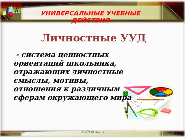 УНИВЕРСАЛЬНЫЕ УЧЕБНЫЕ ДЕЙСТВИЯ   Личностные УУД   - система ценностных ориентаций школьника, отражающих личностные смыслы, мотивы, отношения к различным сферам окружающего мира 