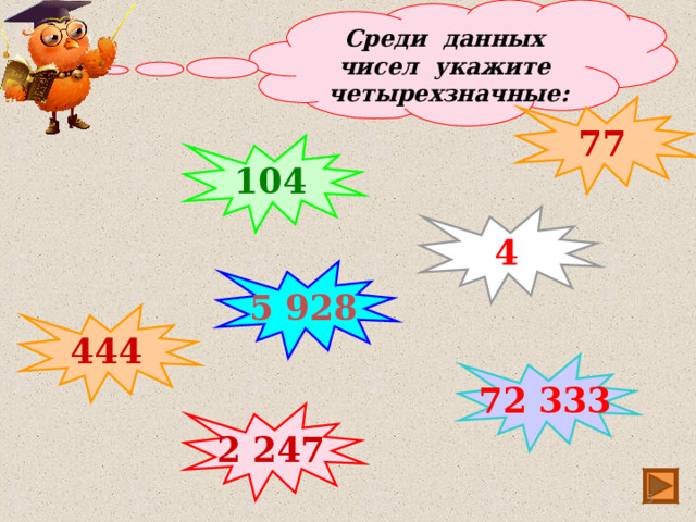 Среди данных чисел укажите четырехзначные: 77 104 4 5 928 444 72 333 2 247  