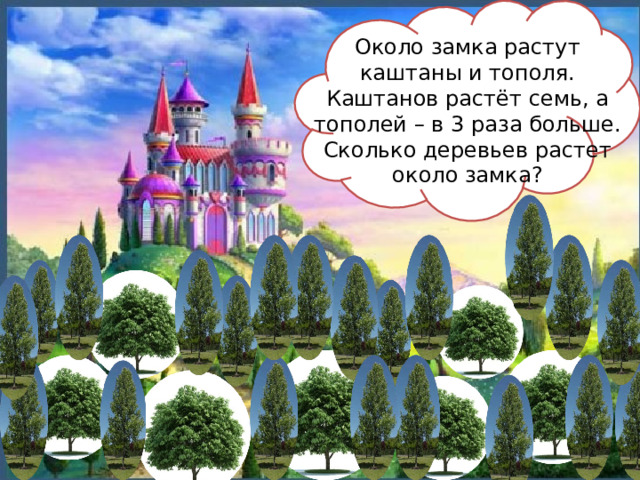 Около замка растут каштаны и тополя. Каштанов растёт семь, а тополей – в 3 раза больше. Сколько деревьев растет около замка? 